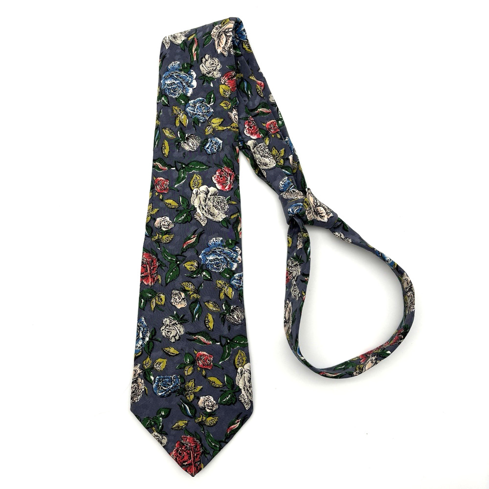 Vintage 90s Handmade J. Blades & Co 100% Silk Gray w/ Roses Classic Necktie 58"
